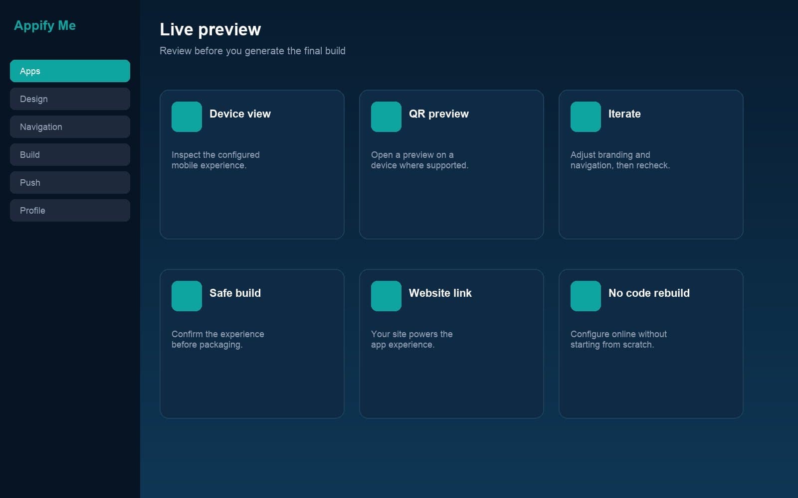 Appify Me live preview workflow