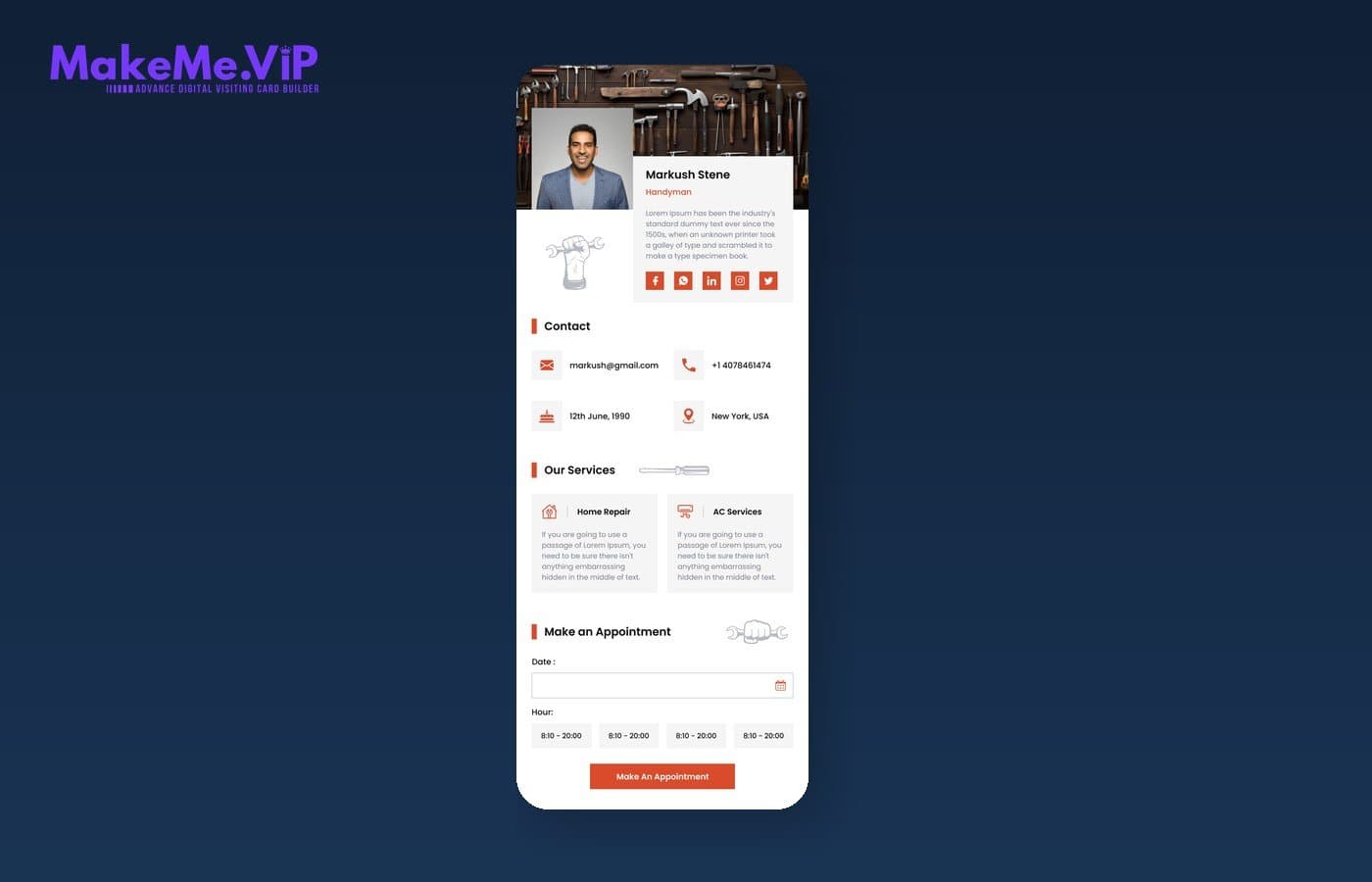 MakeMe VIP digital card with social sharing