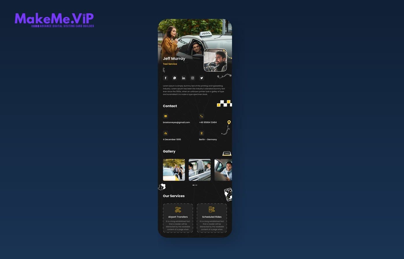 MakeMe VIP digital card contact details
