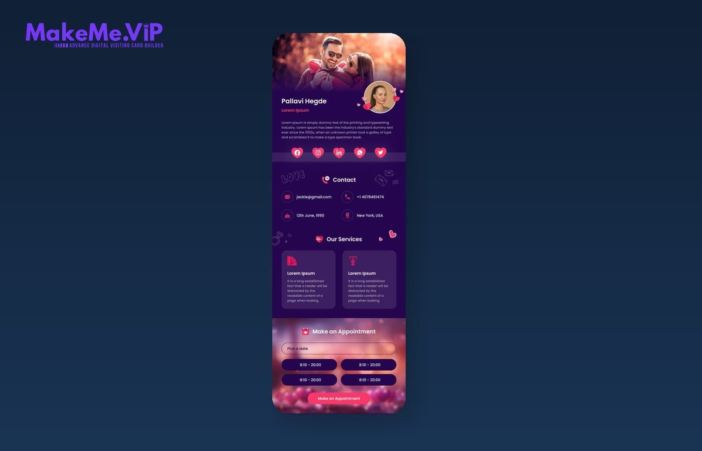 MakeMe VIP digital card services and gallery sections