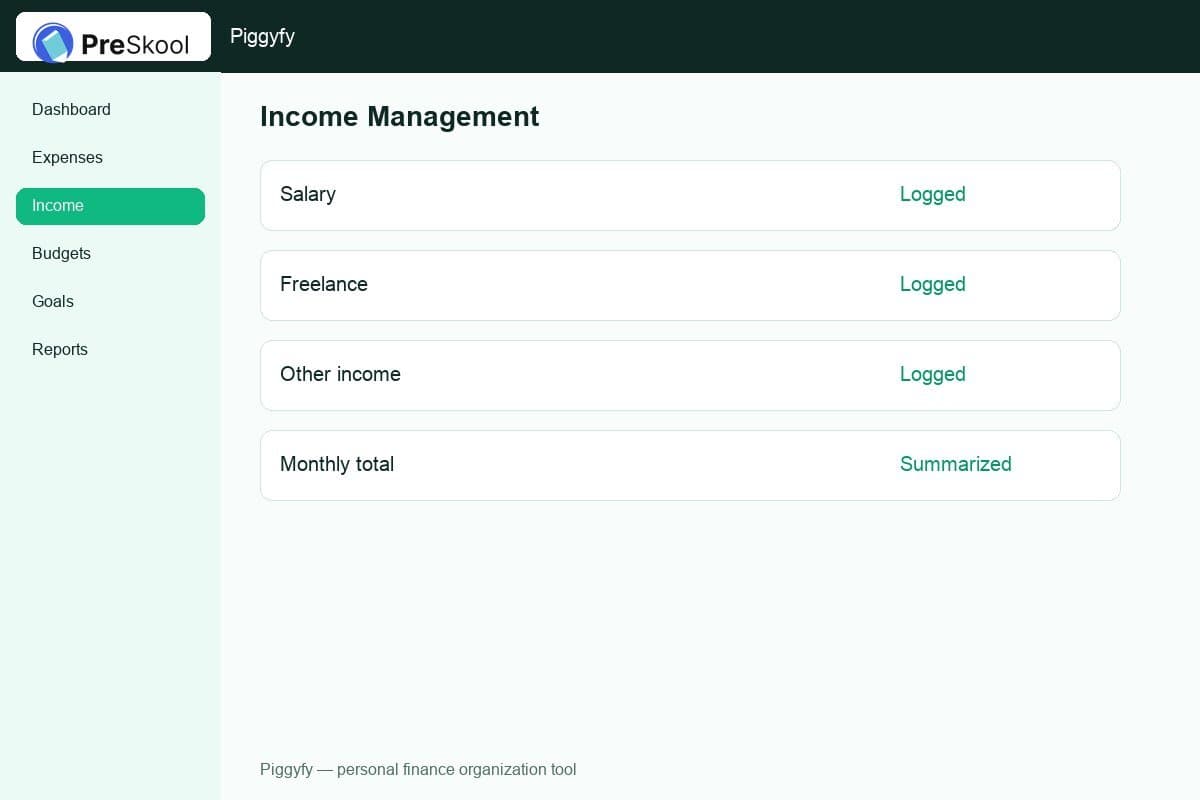 Piggyfy income management screen