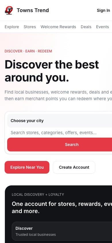 Towns Trend local commerce and loyalty platform — mobile