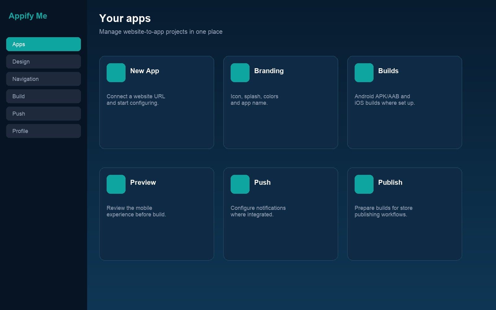 Appify Me app builder dashboard