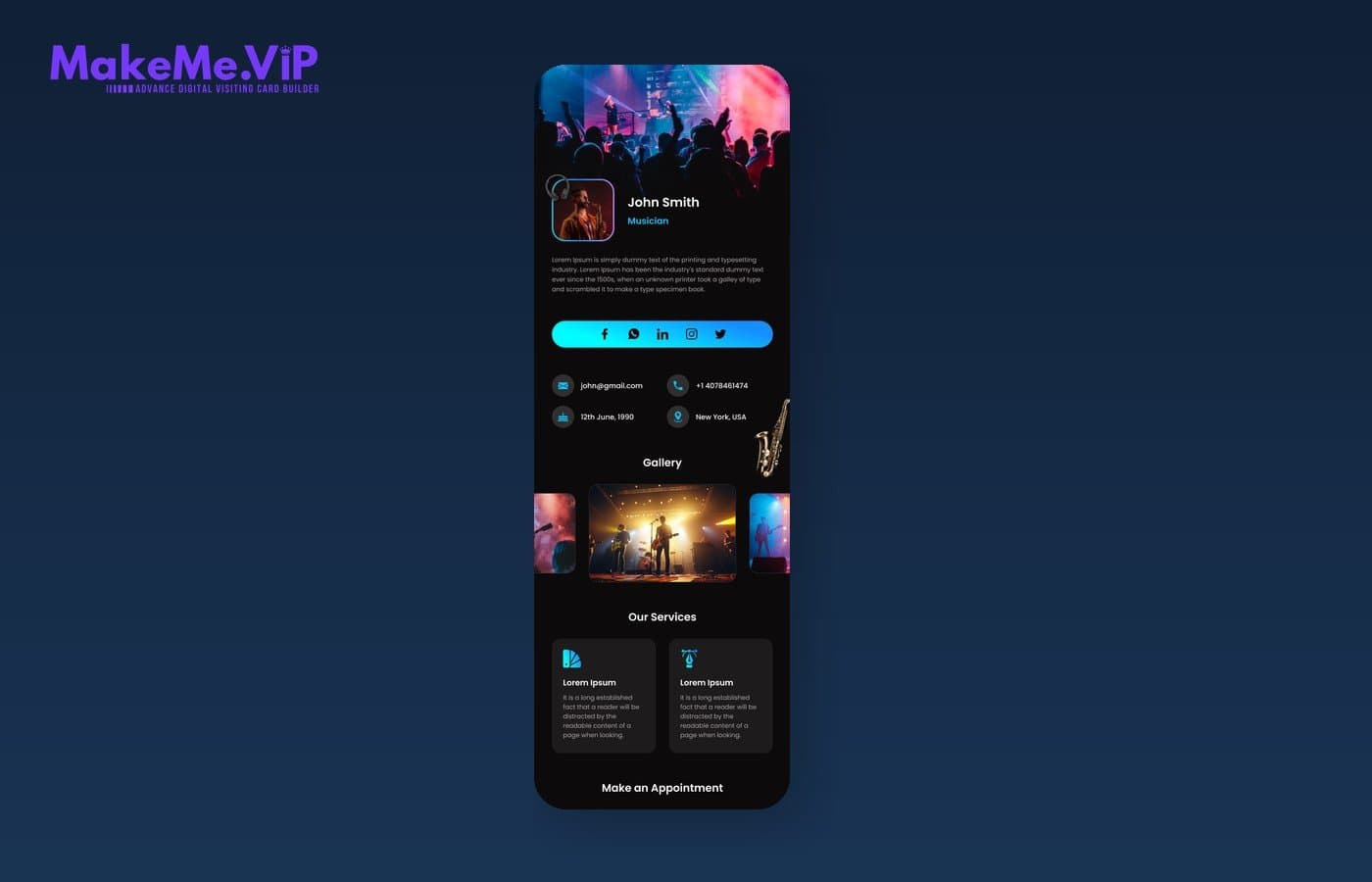 MakeMe VIP digital business card template preview