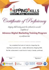 Stepping Skills certificate of proficiency for Advance Digital Marketing Training Program